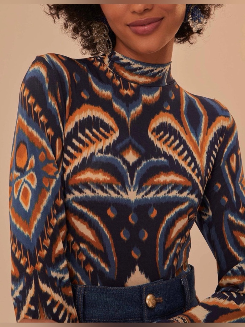 Farm rio pineapple ikat jersey mock neck top
